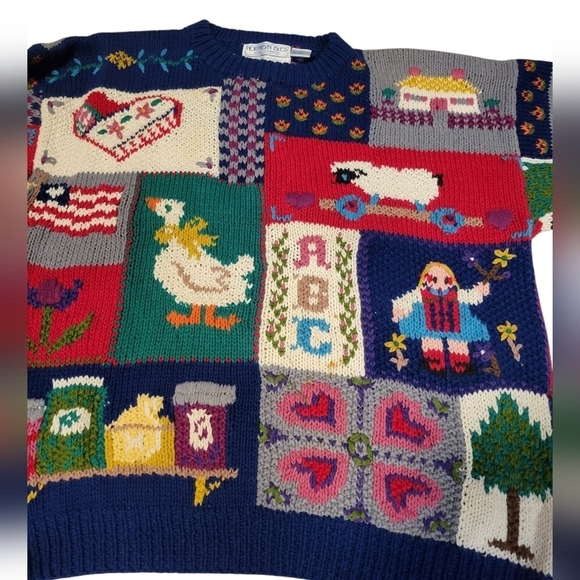 Vintage Northern Isles Hand Knit Granny Nursery Rhyme Patchwork Sweater SZ Large - Picture 9 of 11